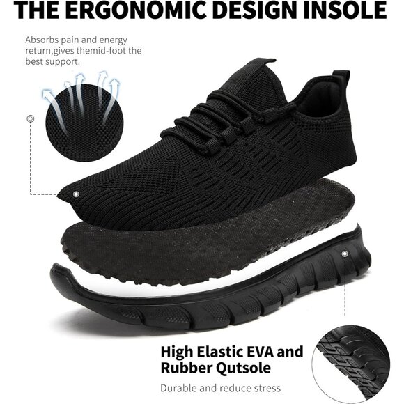 Women Black Running Tennis Walking Shoes Lightweight Slip On Workout Sneakers - Picture 3 of 7